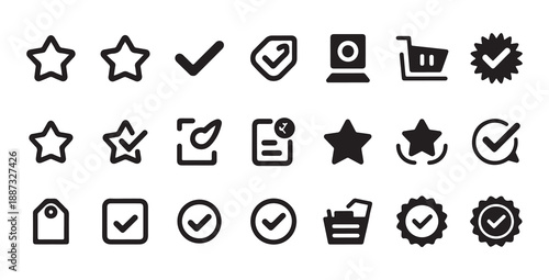 Check mark and star rating icon set, quality assurance and approval flat vector collection