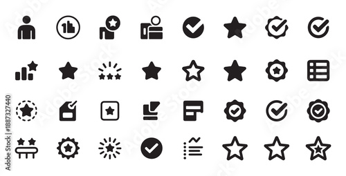 User rating and check mark solid icon set, customer feedback and approval flat vector collection