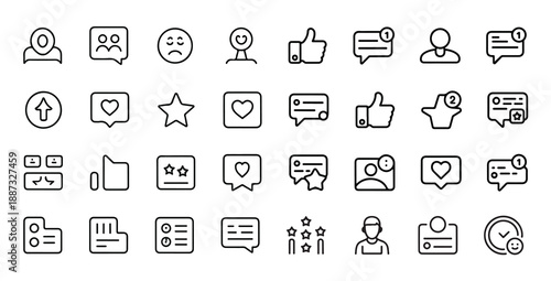 Social media feedback and review outline icon set, user interaction and opinion flat vector collection