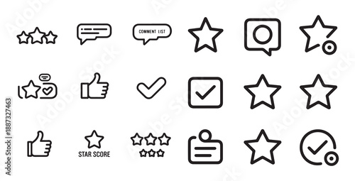 Hand-drawn rating and feedback icons, including stars, thumbs up, and checkmarks for review