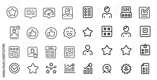Set of simple black outline icons related to customer satisfaction review rating and user evaluation