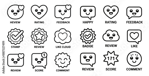 Line art icons for cheerful reviews ratings feedback hearts and communication elements design