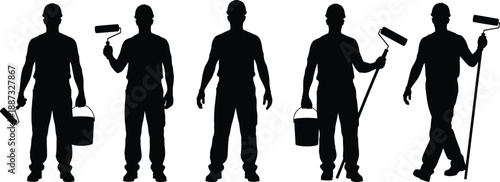 Construction worker silhouettes set showing painters with rollers and buckets, professional labor poses isolated on white background for building, renovation, industry, and logo design