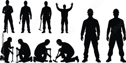 Construction workers silhouettes set showing standing kneeling and working poses with tools, black vector illustration for industrial labor, safety, teamwork, and building industry concepts