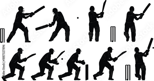 Cricket batsman silhouette set showing batting, defensive and action shot poses, isolated on white background, flat vector illustration for sports design, training, tournament graphics