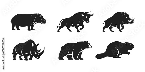 Collection of Six Silhouette Animals Including Hippo Bull Rhino Bear Bison and Beaver.