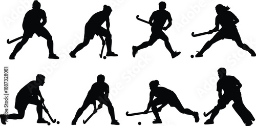 Field hockey players silhouettes collection showing men and women in attacking defending and dribbling poses, black vector illustration for sports action training and competition themes
