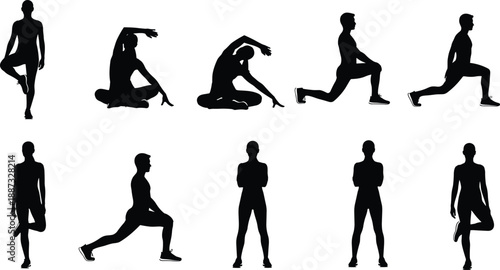Fitness exercise silhouettes showing warm up stretching, yoga and lunge poses, male and female body movements isolated on white background for workout concepts