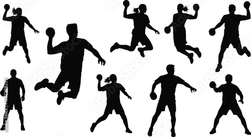 Handball player silhouette set showing jumping, throwing and attacking action poses, isolated on white background, flat vector illustration for team sport, training, competition design use