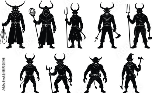 Horned demon silhouettes collection featuring devil warriors with weapons, dark fantasy black vector illustration for mythology, horror themes, occult designs and evil character concepts