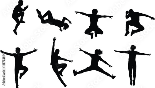 Jumping people silhouettes set showing energetic action poses, dancing movement and athletic expressions, isolated black figures for fitness, youth lifestyle, sport design and creative concepts