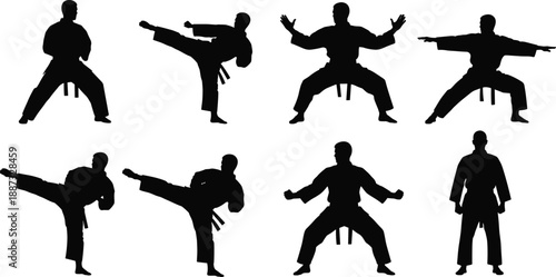 Martial arts karate fighter silhouettes set performing kicks stances and forms, black vector illustration for combat training discipline self defense sport and traditional martial concepts