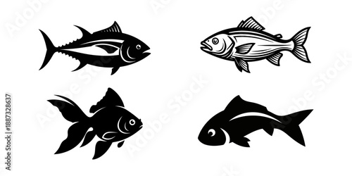 Four distinct fish illustrations, showcasing various species in a clean, isolated style.