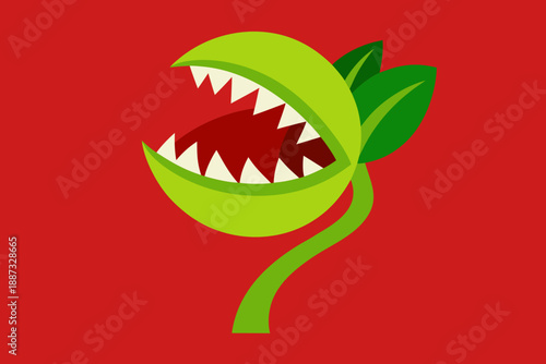 Cartoon Venus Flytrap with Open Mouth on Red Background