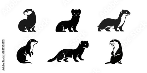 Set of six stylized black and white otter illustrations.