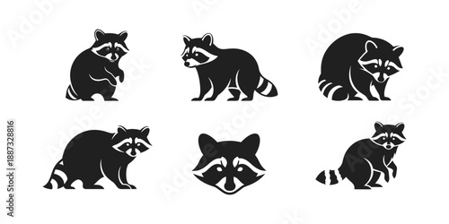 Set of Raccoon Silhouettes in Various Poses and a Raccoon Face Icon.