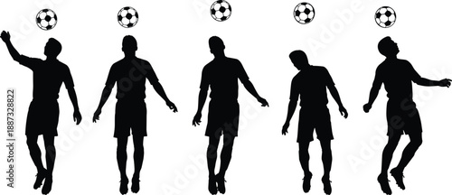 Soccer player silhouettes set showing heading ball techniques and aerial control poses, dynamic football athletes isolated on white background for sport training, competition, illustration, 