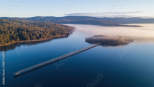 A Single Pier Extending Into A Still Lake Surrounded By Misty Woods At Dawn
