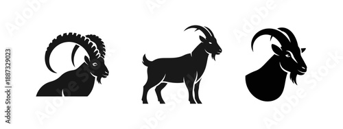 Collection of three black goat silhouettes with distinct poses and horns.