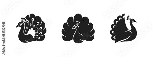 Collection of three stylized black peacock icons with fanned tails.