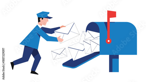 Mail Carrier Delivering Letters to a Blue Mailbox Illustration