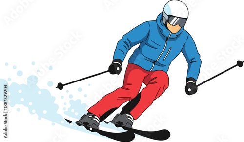 Dynamic young skier carving down snowy mountain slope active winter sport lifestyle vector