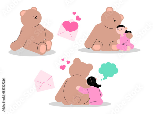 커다란 곰 인형과 함께 있는 귀여운 소녀 캐릭터 일러스트 세트 - Cute little girl character with big teddy bear illustration se