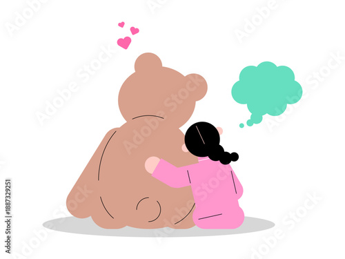 커다란 곰 인형과 함께 있는 귀여운 소녀 캐릭터 일러스트 세트 - Cute little girl character with big teddy bear illustration se