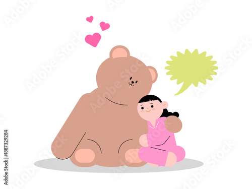 커다란 곰 인형과 함께 있는 귀여운 소녀 캐릭터 일러스트 세트 - Cute little girl character with big teddy bear illustration se