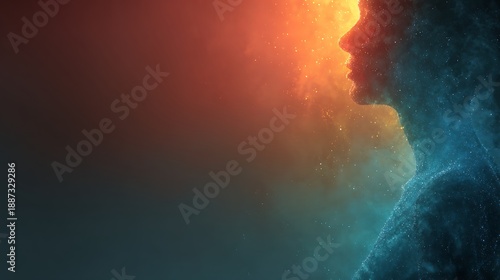 Profile of a luminous human silhouette formed from particles. facing right with orange and blue co