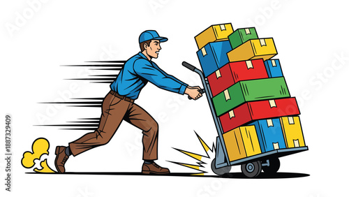 Fast Delivery - Man Rushing with Hand Truck Full of Boxes