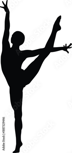 Graceful ballet dancer silhouette performing arabesque dance pose with extended limbs and arms reaching upward vector
