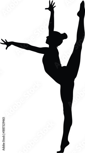 Silhouette of a graceful gymnast performing a high vertical split during a dynamic athletic performance vector