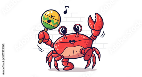 A cartoon crab with a maraca and musical note dancing in front of a brick wall