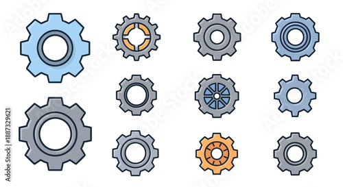 A collection of flat-style gear icons in various colors and designs