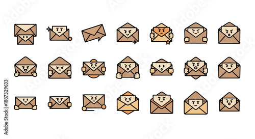 A collection of various beige envelope emojis with faces, displaying a range of emotions