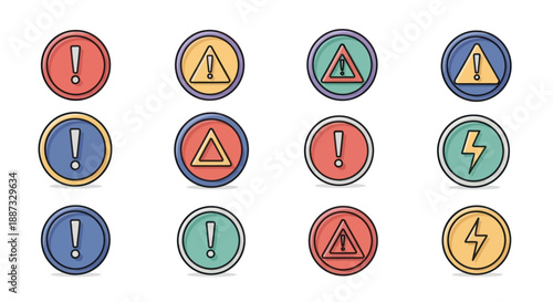Colorful, cartoonish warning icons with exclamation marks, triangles, and lightning bolts