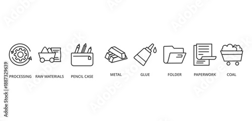 raw material banner concept with icon of processing,
raw materials, pencil case, metal, glue, folder, paperwork, coal,
