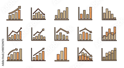 A collection of hand-drawn bar graphs showcasing growth, decline, and trends using arrows and lines