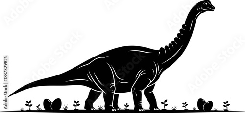 Black silhouette of long neck dinosaur walking, prehistoric animal illustration, sauropod reptile shape, isolated vector art for education, nature, wildlife, and fossil themes