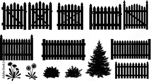 Black silhouette picket fence and garden plant vector set with gates, trees, bushes, landscaping elements isolated on white background decorative outdoor yard collection