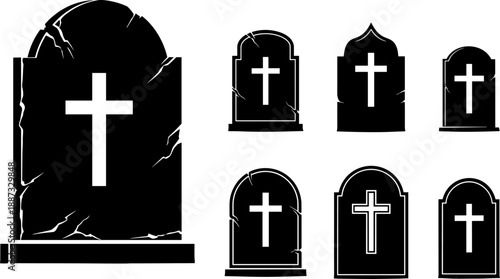 Black silhouette tombstone and gravestone vector set with crosses cracked stone shapes isolated on white background cemetery memorial Halloween gothic design collection