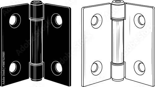 Door hinge hardware illustration showing solid and outline styles, metal furniture fitting component for construction, carpentry and door installation projects, 