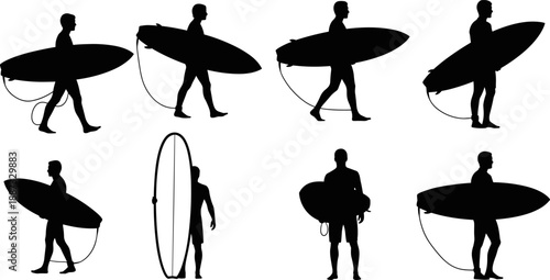 Collection of surfer silhouettes carrying surfboards, walking poses set, surfing lifestyle and ocean sport concept, minimalist vector illustration isolated on white background