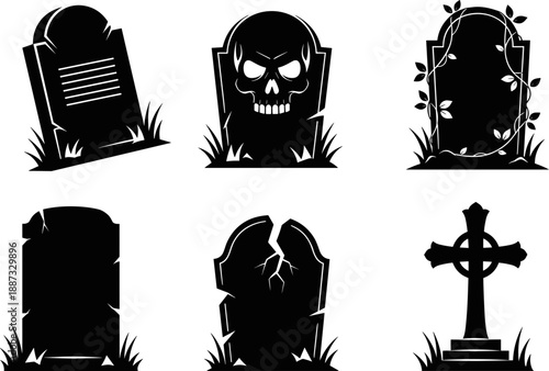 Gravestone and skull silhouettes set with cracked tombstones and cemetery cross, spooky black and white gothic illustrations for Halloween, horror, memorial, and graveyard design