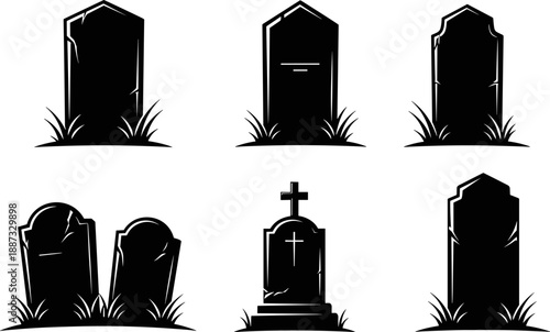 Gravestone and tombstone silhouette set, cemetery memorial icons, spooky Halloween graveyard vector illustration collection isolated on white background black design symbols clipart