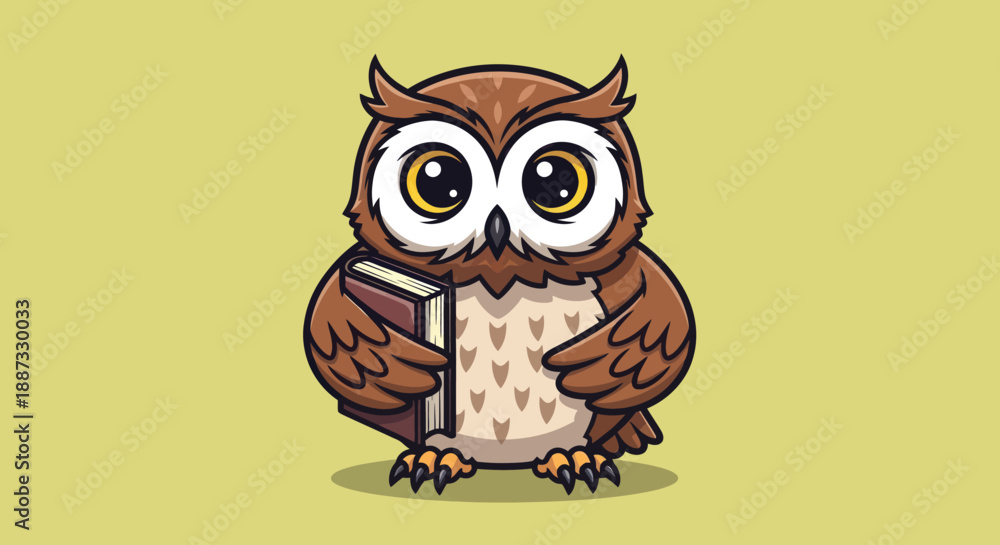 Fototapeta premium Cartoon owl with large eyes and book, set against a muted green backdrop