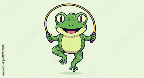 A cartoon frog jumps rope happily against a pale green background. Its mouth is open and legs bent
