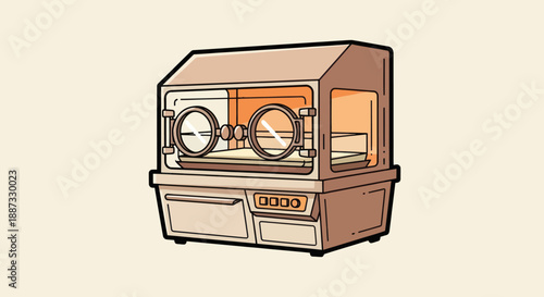 Illustration of an incubator with round windows, control panel, and internal tray