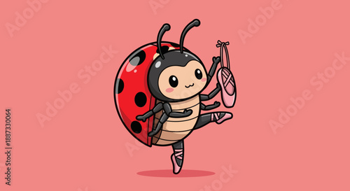 A cartoon ladybug gracefully balances en pointe, holding ballet shoes, against a pink backdrop